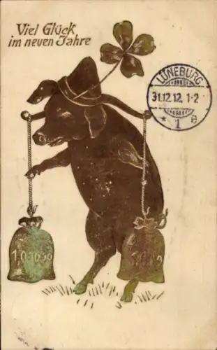 Präge Ak Glückwunsch Neujahr, Schwein, Geldsäcke, Glücksklee