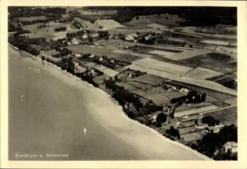 Ak Breitbrunn Herrsching am Ammersee, Luftaufnahme von Feldern, Wasser, Booten, Bäumen, Häusern