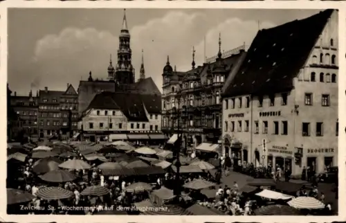 Ak Zwickau in Sachsen, Hauptmarkt, Kirchturm, Wochenmarkt