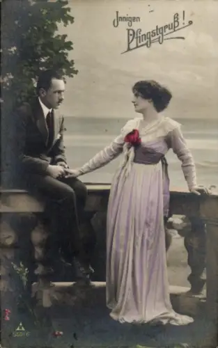 Ak Frohe Pfingsten, Liebespaar, coloriert