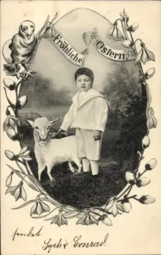 Ak Frohe Ostern, Junge mit Lamm, Küken, Weidenkätzchen