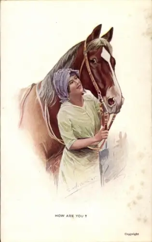 Künstler Ak Portrait einer jungen Frau mit einem Pferd