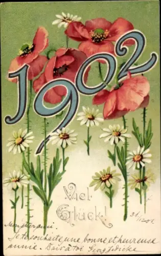 Ak Glückwunsch Neujahr, Jahreszahl 1902, Mohnblüten