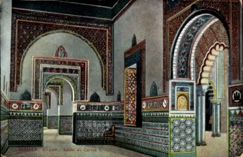Ak Barrio de Santa Cruz Sevilla Andalusien,  Alcázar, Salón de Carlos, farbenfrohe Wandverzierung