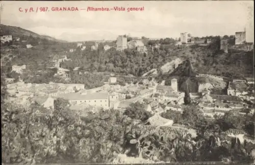 Ak Granada Andalusien Spanien, Alhambra,  allgemeine Ansicht, Schwarz-Weiß-Foto
