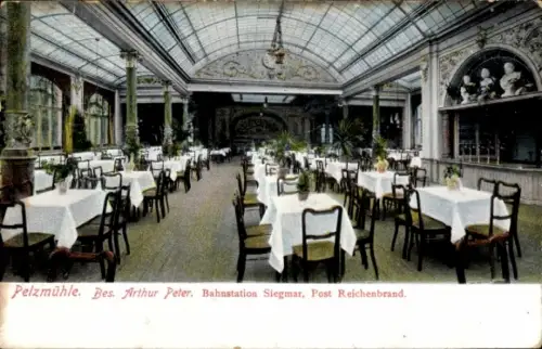 Ak Siegmar Chemnitz in Sachsen, Pelzmühle, Restaurant, Tische mit weißen Tischdecken, Pflanzen, B