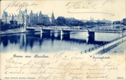 Ak Wrocław Breslau Schlesien, Brücke, Fluss, Stadtansicht, Text 'Gruss aus Breslau', Jahr 1900