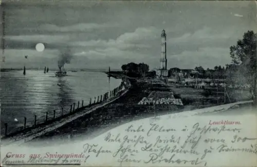 Mondschein Ak Świnoujście Swinemünde Pommern, Leuchtturm