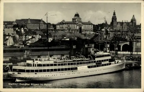Ak Szczecin Stettin Pommern, Hafenansicht, Dampfer Rügen, Teilansicht der Stadt