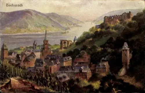 Ak Bacharach am Rhein,  Ruine Stahleck, mittelalterlicher Charakter, Weinbau