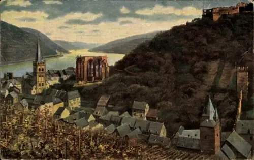 Ak Bacharach am Rhein, Blick auf Bacharach, Rhein, Weinberge, Kirche, Ruine, Burg