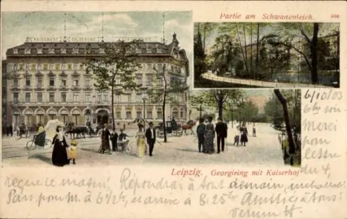Ak Leipzig, Partie am Schwanenteich, Kaiserhof,  Menschen, Bäume, Pferdewagen