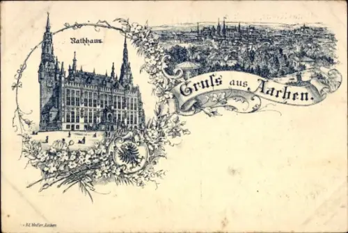 Litho Aachen in Nordrhein Westfalen, Blick auf das Rathaus, Gesamtansicht