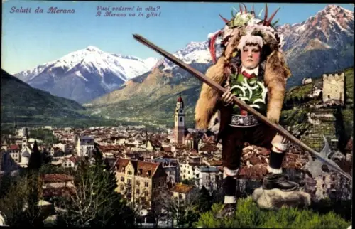 Ak Meran Merano Südtirol, Gesamtansicht, Junge in Tracht