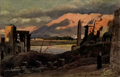 Ak Luxor Ägypten, Landschaft mit Bergen, Ruinen, Fluss, Menschen