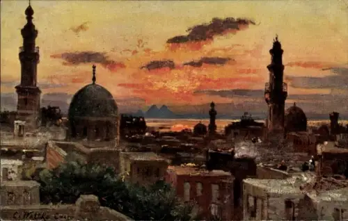 Ak Cairo Kairo Ägypten, Panorama von  Blick vom Minaret der Moschee Ibn-Tulun, Abendstimmung, Pyr