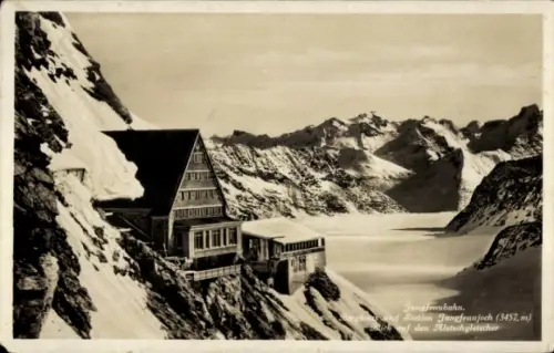 Ak Jungfraujoch Kanton Bern, Berghaus und Station, Aletschgletscher, Jungfraubahn