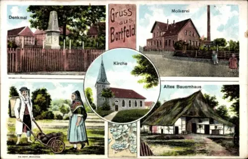 Ak Bortfeld Wendeburg in Niedersachsen, Denkmal, Molkerei, Kirche, Altes Bauernhaus, Trachten