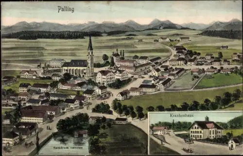 Künstler Ak Palling in Oberbayern, Gesamtansicht, Krankenhaus