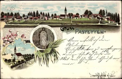 Litho Pastetten Oberbayern, Gesamtansicht, Marienkapelle, Lourdeskapelle