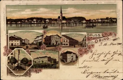 Litho Obing im Chiemgau, Gasthof zur Post, Haus des Zimmermeisters, Schuhbeck Haus