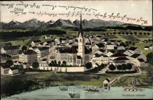Künstler Ak Obing im Chiemgau, Gesamtansicht, Kirche