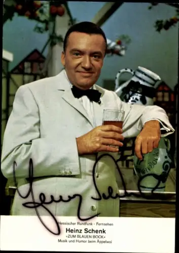 Ak Schauspieler Heinz Schenk, Portrait, Autogramm, Glas, Krug, Zum Blauen Bock