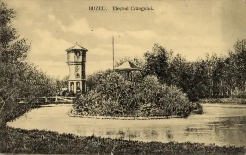 Ak Buzău Busäu Rumänien, Zeichnung eines Wasserturms, Teich, Bäume, Schriftzug 'BUZEU. Eleşteul C
