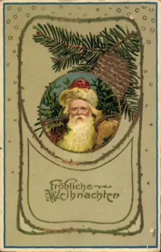 Präge Ak Frohe Weihnachten, Weihnachtsmann, Tannenzweig, Zapfen