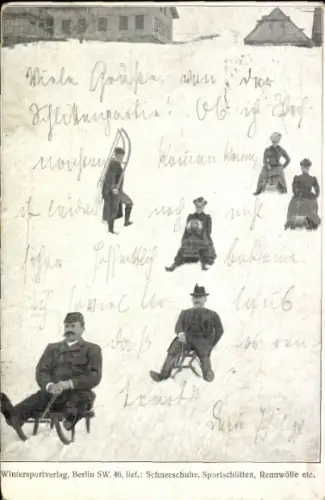 Ak Männer und Frauen beim Schlittenfahren, Wintersportverlag Berlin SW 46