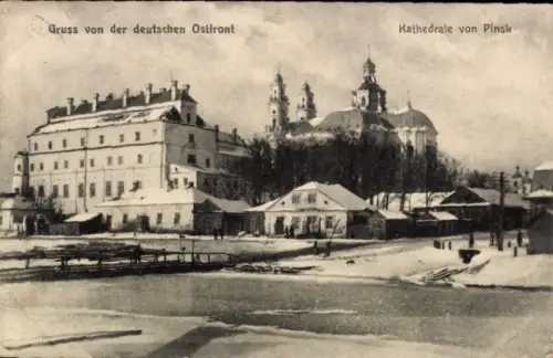 Ak Pinsk Weißrussland, Kathedrale, Winteransicht, deutsche Ostfront 1. WK