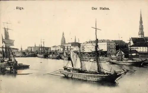 Ak Riga Lettland, Blick auf den Hafen, Segelschiffe