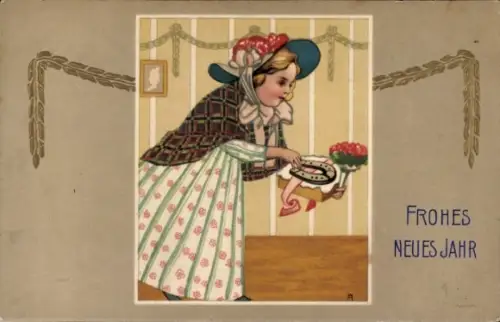 Präge Ak Glückwunsch Neujahr, Kind, Blumen, Hufeisen