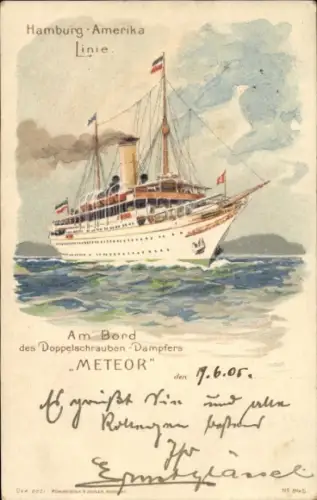 Litho Doppelschrauben-Dampfer Meteor, HAPAG