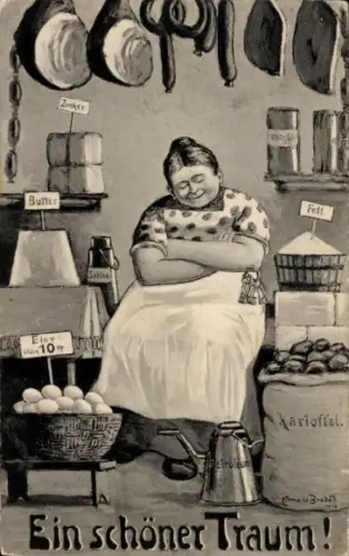 Ak Ein schöner Traum, Verkäuferin, Lebensmittel