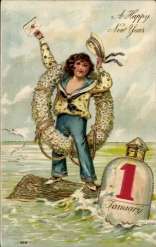 Ak Glückwunsch Neujahr, Matrose mit Rettungsring