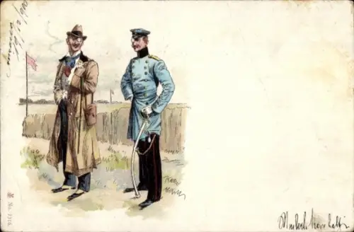 Litho Nobler Mann, Monokel, Mantel, Soldat mit Säbel