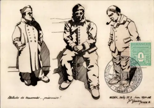 Künstler Ak Attitudes de Camarades... prisonniers! Exposition Philatelique Prisonniers Paris, Stalag