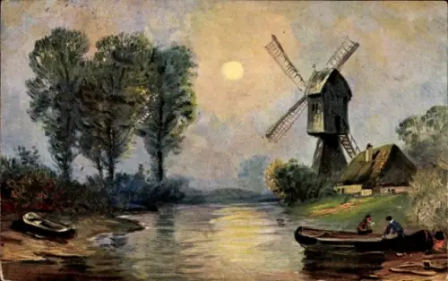 Ak Windmühle, Fluss, Sonnenschein, Menschen im Ruderboot