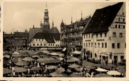 Ak Zwickau in Sachsen, Hauptmarkt, Wochenmarkt, Kirchturm