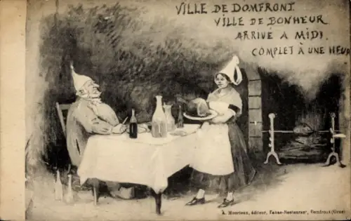 Ak Domfront Orne, Ville de Bonheur, arrive a Midi, complet a une heur