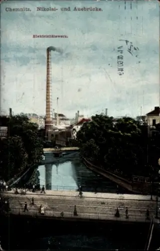 Ak Chemnitz in Sachsen,  Nikolai- und Auebrücke, Elektrizitätswerk