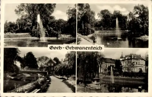 Ak Goch am Niederrhein, Goch-Schwanenteich, vier Bilder, Brunnen, Parklandschaft