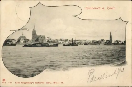 Passepartout Ak Emmerich am Rhein, Gesamtansicht, Schiffe