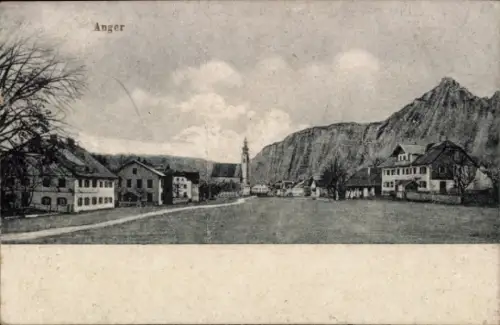 Ak Anger in Oberbayern, Schöne Landschaft, Berge, Häuser, Kirche, Ortsschild Anger