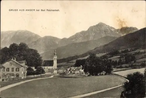 Ak Anger in Oberbayern, Landschaft mit Bergen, Kirche, Häusern, Wiese, Gruß aus Anger