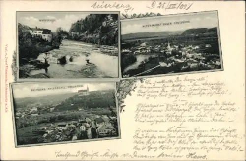 Ak Altenmarkt an der Alz Oberbayern, Wasserfall, Panorama gegen Trostberg, Baumburg, Trauntal