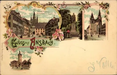 Litho Ansbach in Mittelfranken Bayern, Oberer Markt, St. Gumbertus-Kirche, Denkmal, Tor