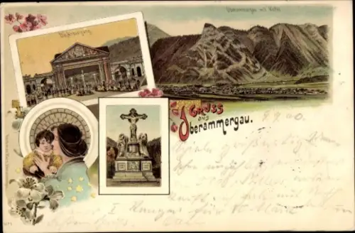 Litho Oberammergau in Oberbayern, Panorama, Passionsspiele, Kreuzigung