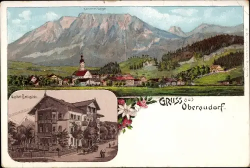 Litho Oberaudorf in Oberbayern, Panorama, Zahmer Kaiser, Gasthof Brüxstein